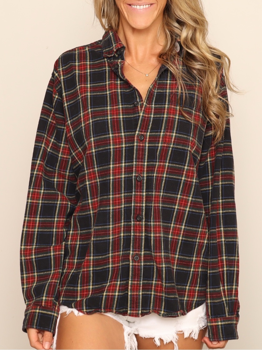 Eddie Bauer 100% Cotton Classic Navy, Red & Yellow Plaid Button Down Shirt
